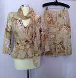 Renato Nucci Beige Floral Linen 3 Piece Skirt Suit & Silk Scarf Size UK 12 - Whispers Dress Agency - Womens Suits & Tailoring - 1