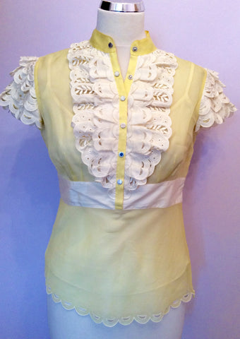 KAREN MILLEN YELLOW SILK & IVORY TRIM TOP SIZE 10 - Whispers Dress Agency - Sold - 1
