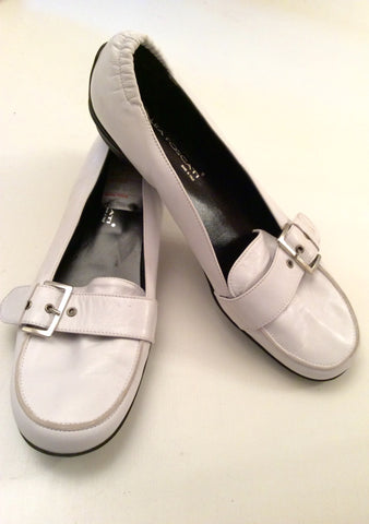 Lea Foscati White Leather Buckle Trim Flat Shoes Size 6/39 - Whispers Dress Agency - Sold - 1