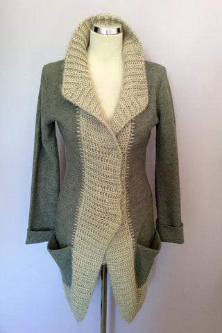 Casch By Gro Abrahamsson Sage Green & Beige Trim Long Wool Cardigan Size 36 UK 8 - Whispers Dress Agency - Womens Knitwear - 1