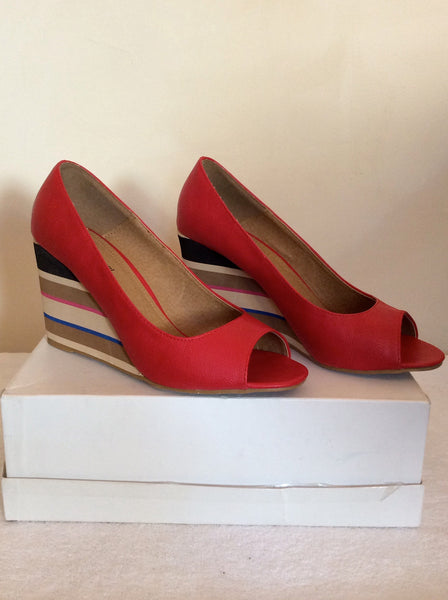 Brand New Red Level Red Peeptoe Striped Wedge Heels Size 7/40 - Whispers Dress Agency - Womens Wedges - 1