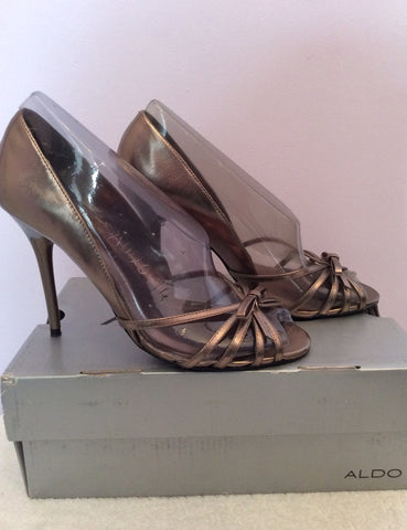 Aldo Pewter Leather Peeptoe Strappy Heels Size 4/37 - Whispers Dress Agency - Womens Heels - 2