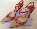 Jimmy Choo Red Leather & Beige Canvas Strappy Heels Size 5/38 - Whispers Dress Agency - Sold - 4