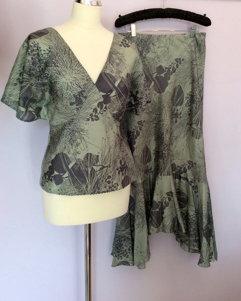 Monsoon Grey & Green Silk Print Top & Long Skirt Size 12 - Whispers Dress Agency - Womens Special Occasion - 1