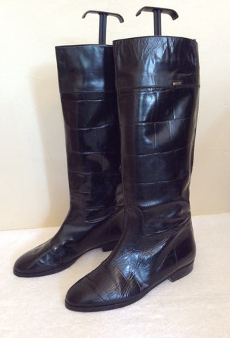 Bally Black Croc Design Highly Polised Leather Boots Size 4/37 - Whispers Dress Agency - Sold - 3