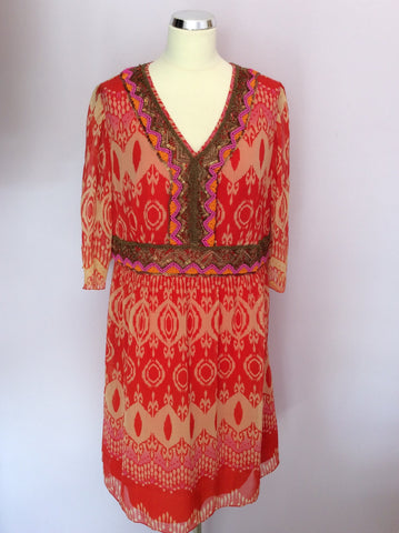 Brand New Savoir Red Print Bead & Sequin Trim Dress Size 18 - Whispers Dress Agency - Womens Dresses - 1