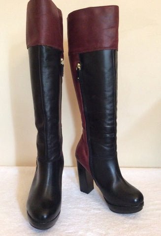 Betty Jackson Black Burgundy & Black Leather Knee High Boots Size 4/37 - Whispers Dress Agency - Womens Boots - 1