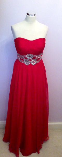 Red Strapless Full Length Evening Dress With Silver Trim Size 6 - Whispers Dress Agency - Womens Dresses - 1
