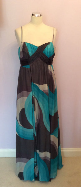 Monsoon Grey, White & Turquoise Silk Maxi Dress Size 14 - Whispers Dress Agency - Sold - 1