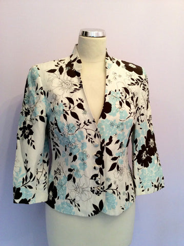 Country Casuals Ivory, Duck Egg & Brown Floral Print Silk & Cotton Jacket Size 10 Petite - Whispers Dress Agency - Womens Coats & Jackets - 1