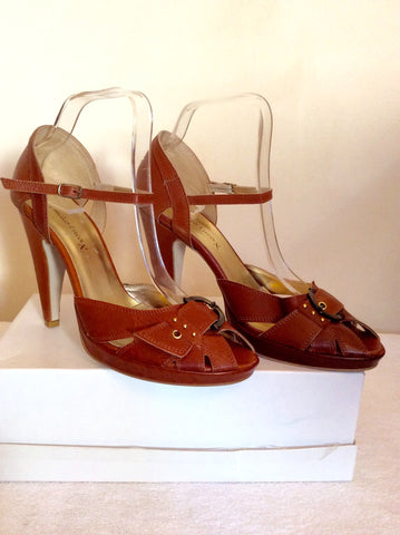 Brand New Emilio Lucax Tan Brown Leather Peeptoe Sandals Size 7/40 - Whispers Dress Agency - Womens Sandals - 1