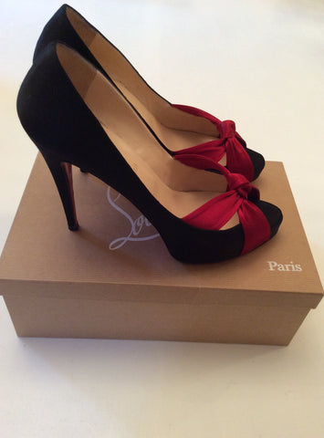 Christian Louboutin Mouskito Black & Red Satin Peeptoe Heels Size 7.5/41 - Whispers Dress Agency - Sold - 3