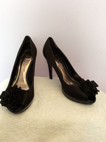 Monsoon Black Satin Flower Corsage Front Peeptoe Heels Size 6/39 - Whispers Dress Agency - Sold - 1