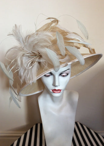 Natural Straw & Ivory Feather Trim Formal Hat - Whispers Dress Agency - Sold - 1