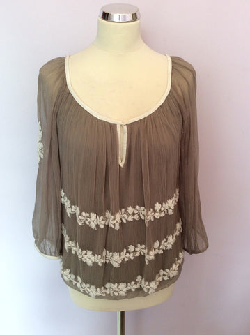 MINT VELVET KHAKI & WHITE EMBROIDERED TOP SIZE 10 - Whispers Dress Agency - Sold - 1