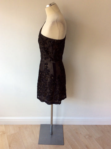 FRENCH CONNECTION BLACK BEADED & SEQUINNED ONE SHOULDER DRESS SIZE 12 - Whispers Dress Agency - Sold - 4