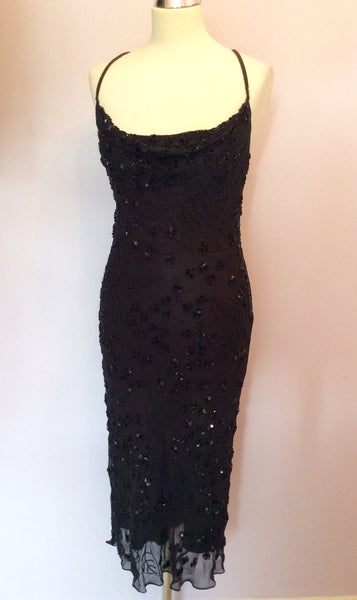 BLACK BEADED & SEQUINNED SILK STRAPPY COCKTAIL DRESS SIZE 10/12 - Whispers Dress Agency - Womens Dresses - 1