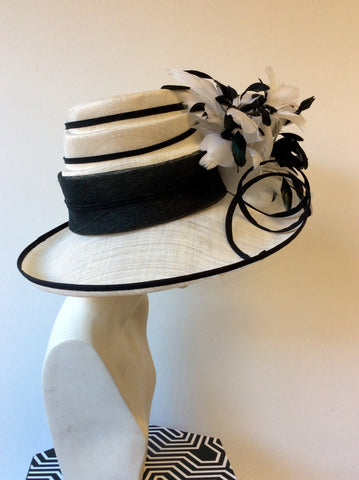 NIGEL RAYMENT BLACK & IVORY/WHITE WIDE BRIM FEATHER TRIM FORMAL HAT - Whispers Dress Agency - Sold - 2
