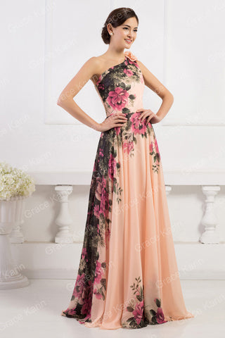 Brand New Grace Karin Peach Floral One Shoulder Chiffon Ballgown Size 16 Fit 14 - Whispers Dress Agency - Womens Eveningwear - 4