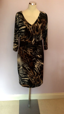 BRAND NEW FRANK LYMAN BROWN PRINT & FAUX LEATHER TRIM DRESS SIZE 14 - Whispers Dress Agency - Sold - 1