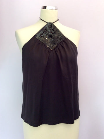 French Connection Black Silk Sequin Trim Halterneck Top Size 8 - Whispers Dress Agency - Sold - 1