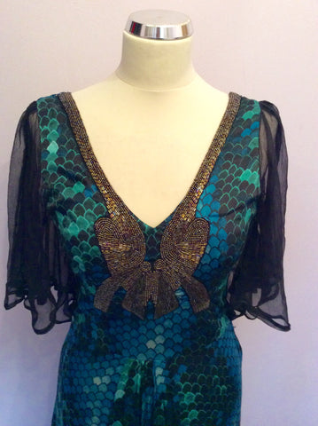 Brand new Biba blue & green silk beaded trim long dress size 8 - Whispers Dress Agency - Sold - 2