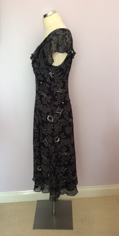 LK Bennett Black & Grey Print Sequin Trim Silk Dress Size 12 - Whispers Dress Agency - Sold - 3