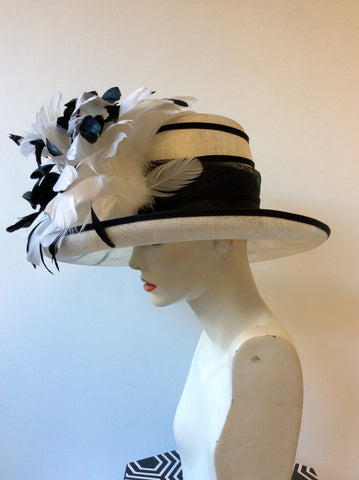 NIGEL RAYMENT BLACK & IVORY/WHITE WIDE BRIM FEATHER TRIM FORMAL HAT - Whispers Dress Agency - Sold - 4