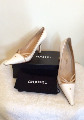 Chanel White & Beige Trim Leather Heels Size 7.5/40.5 - Whispers Dress Agency - Sold - 1