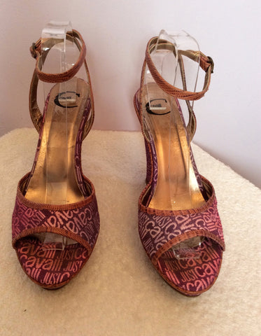 Just Cavalli Pink & Purple Logo Print & Tan Leather Wedge Sandals Size 7/40 - Whispers Dress Agency - Sold - 2
