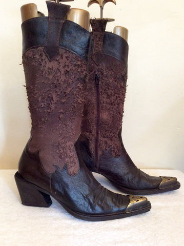 Italian Leather Dark Brown Toe Capped Cowboy Boots Size 6/39 - Whispers Dress Agency - Sold - 2