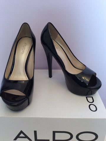 Aldo Black Patent Leather Platform Sole Peeptoe Heels Size 4/37 - Whispers Dress Agency - Womens Heels - 1