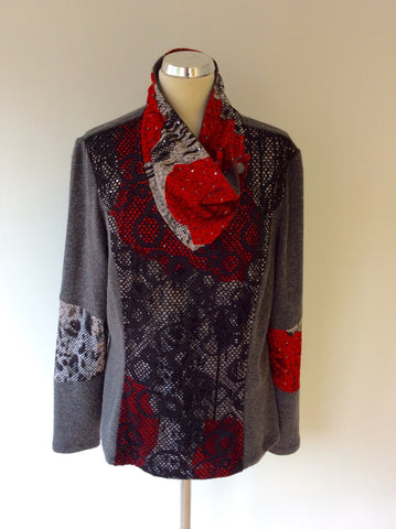 JOSEPH RIBKOFF GREY,RED & BLACK LACE TRIM SPARKLE COWL NECK JUMPER SIZE 18 - Whispers Dress Agency - Sold - 1