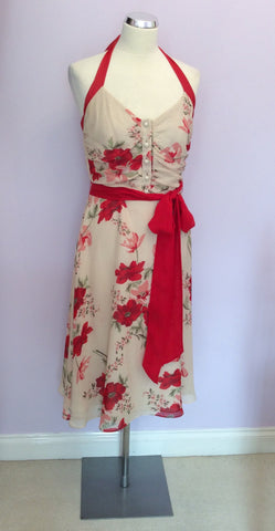 COAST CREAM WITH RED & GREEN FLORAL PRINT SILK DRESS & BAG SIZE 10 - Whispers Dress Agency - Womens Dresses - 2