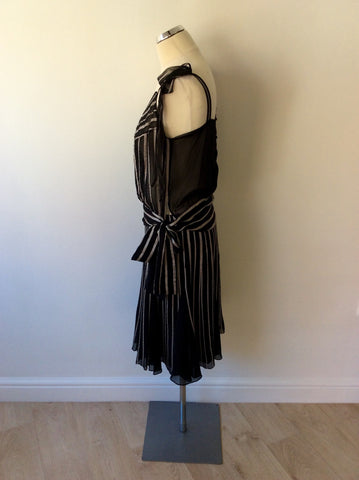KAREN MILLEN SILK BLACK & SILVER GREY STRIPED TOP & SKIRT SIZE 10 - Whispers Dress Agency - Womens Dresses - 2