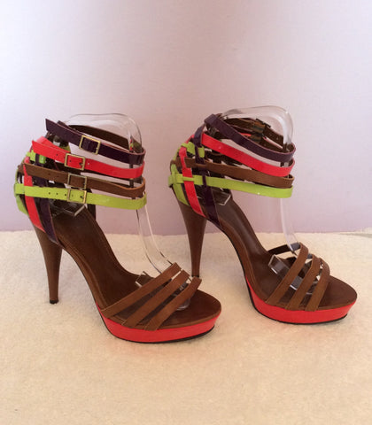 Carvela Brown With Pink, Purple & Lime Green Strappy Heels Size 5/38 - Whispers Dress Agency - Womens Heels - 1