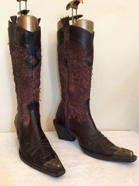 Italian Leather Dark Brown Toe Capped Cowboy Boots Size 6/39 - Whispers Dress Agency - Sold - 1