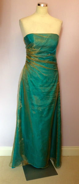 JOHN CHARLES TURQOUISE & GOLD ORGANZA STRAPLESS EVENING DRESS SIZE 8 - Whispers Dress Agency - Womens Dresses - 1
