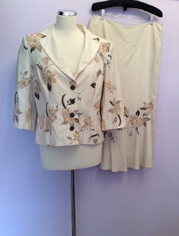 Minuet Cream & Brown Floral Print Silk & Linen Skirt Suit Size 14/16 - Whispers Dress Agency - Womens Suits & Tailoring - 1