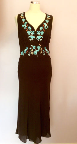 Kaliko Brown Silk Embroidered V Neck Dress Size 12 - Whispers Dress Agency - Sold - 1