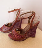 Just Cavalli Pink & Purple Logo Print & Tan Leather Wedge Sandals Size 7/40 - Whispers Dress Agency - Sold - 3