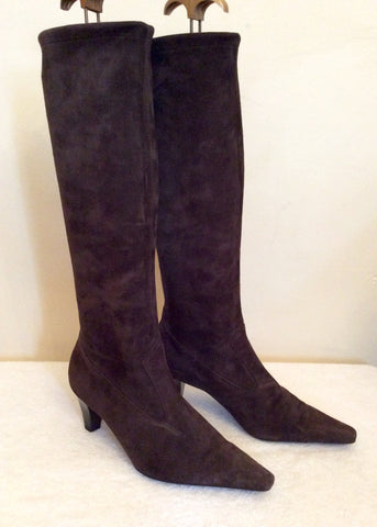 Peter Kaiser Dark Brown Suede Stretch Knee Length Boots Size 4/37 - Whispers Dress Agency - Sold - 1