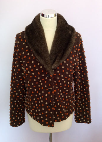 Laura Ashley Brown Spotted Faux Fur Collar Cardigan Size 14 - Whispers Dress Agency - Sold - 1