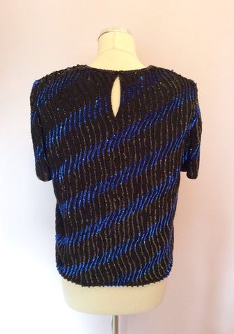 DEBUT BLACK & BLUE SEQUINNED SHORT SLEEVE TOP SIZE 12 - Whispers Dress Agency - Womens Tops - 2
