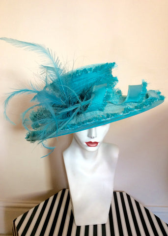 Victoria Ann Turquoise Wide Brim Feather Trim Formal Hat - Whispers Dress Agency - Womens Formal Hats & Fascinators - 1