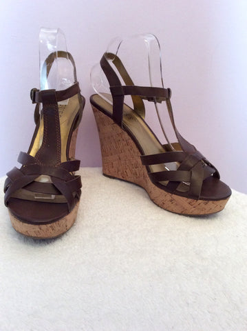 Guess Dark Brown Leather Wedge Heel Sandals Size 6/39 - Whispers Dress Agency - Womens Sandals - 1