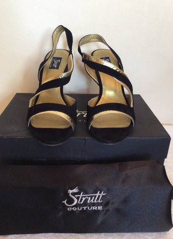 Strutt Couture Black & Gold Wedge Heel Sandals Size 6/39 - Whispers Dress Agency - Womens Wedges - 2