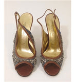 Dolce & Gabbana Tan Leather & Blue Denim Jewel Trim Slingback Heels Size 5.5/38.5 - Whispers Dress Agency - Womens Sandals - 2