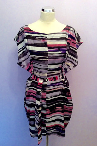Full Circle Pink, Grey & White Print Silk Tie Belt Tunic Dress Size 8/XS - Whispers Dress Agency - Womens Dresses - 1