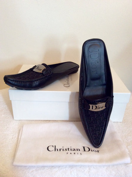 Christian Dior Black Leather & Canvas Slip On Mules Size 4/37 - Whispers Dress Agency - Sold - 1